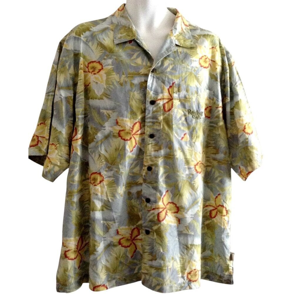 Rainforest Cafe Mens Hawaiian Shirt XL Orchids Blue Embroidered Cotton Aloha